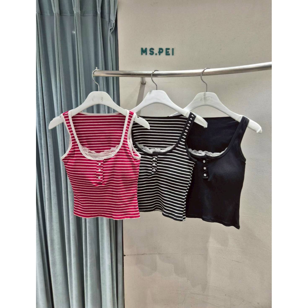 [預購 每周日中午 12:00收單] 2026 韓國 春夏女裝  蕾絲條紋細肩帶上衣-細節圖3