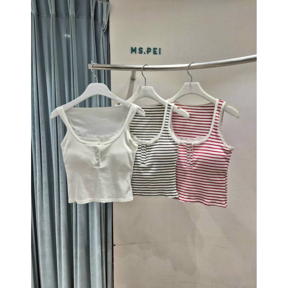 [預購 每周日中午 12:00收單] 2026 韓國 春夏女裝  蕾絲條紋細肩帶上衣-細節圖4