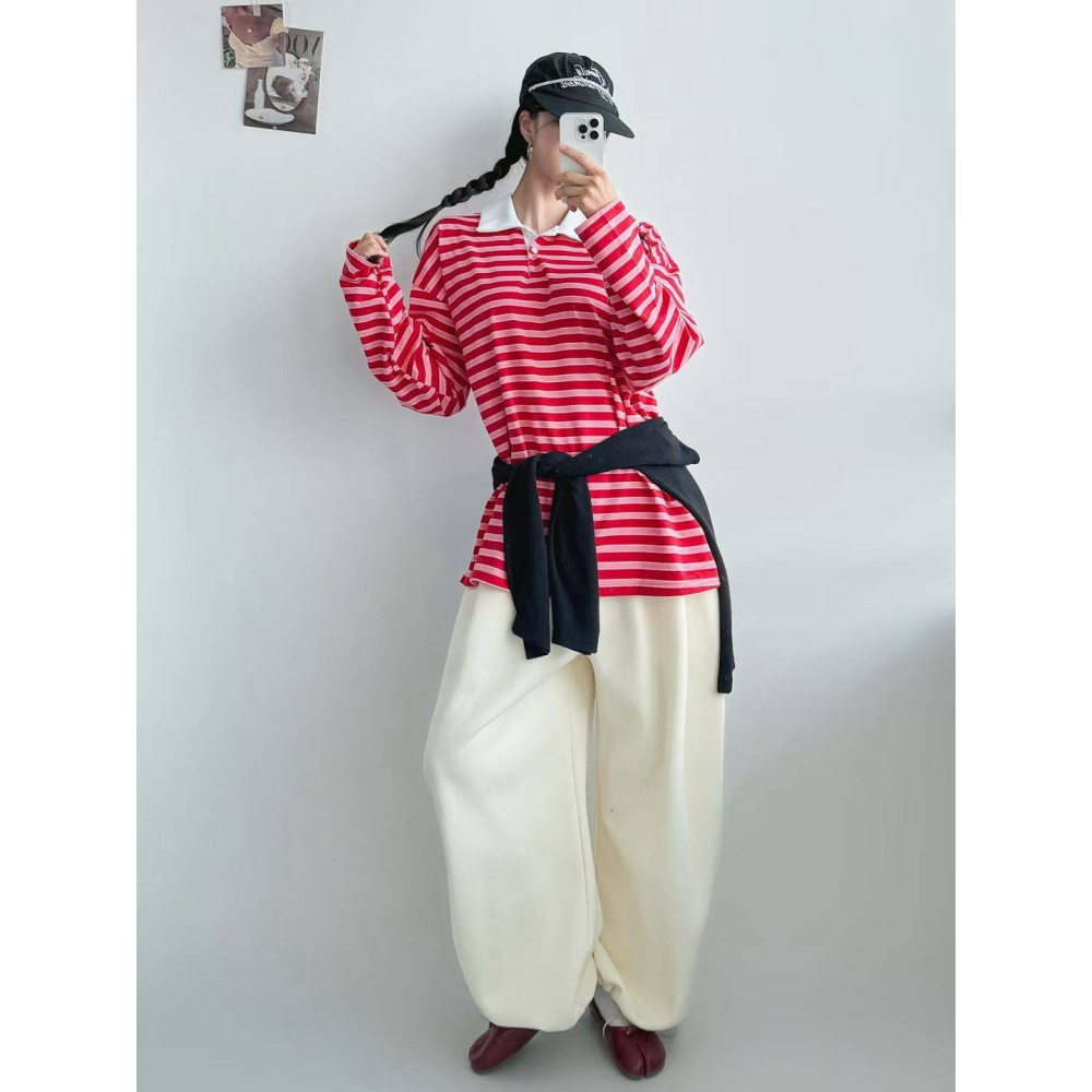 [預購 每周日中午 12:00收單] 2026 韓國 秋季女裝 寬鬆條紋POLO上衣-細節圖2