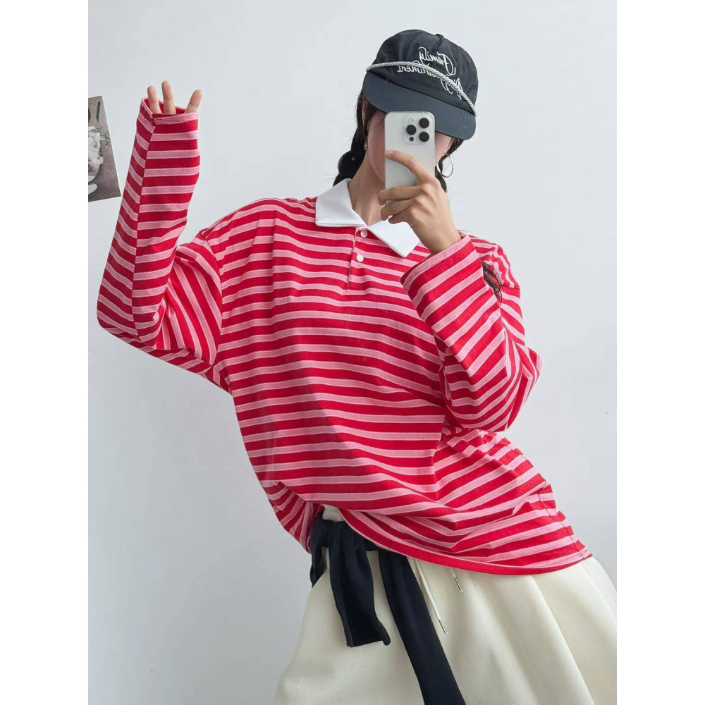 [預購 每周日中午 12:00收單] 2026 韓國 秋季女裝 寬鬆條紋POLO上衣-細節圖4