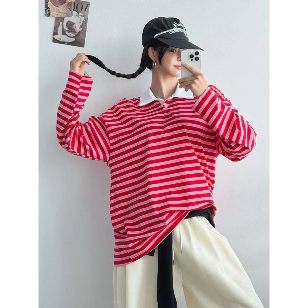[預購 每周日中午 12:00收單] 2026 韓國 秋季女裝 寬鬆條紋POLO上衣-細節圖5