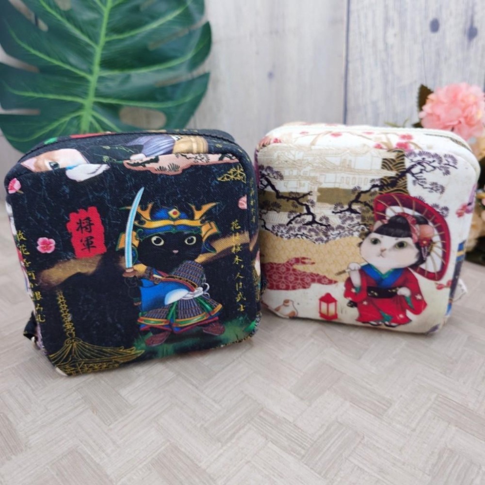 日系 江戶武士貓 方形拉鍊收納包 可拆式手腕帶 手作小物包 行動電源包-細節圖3