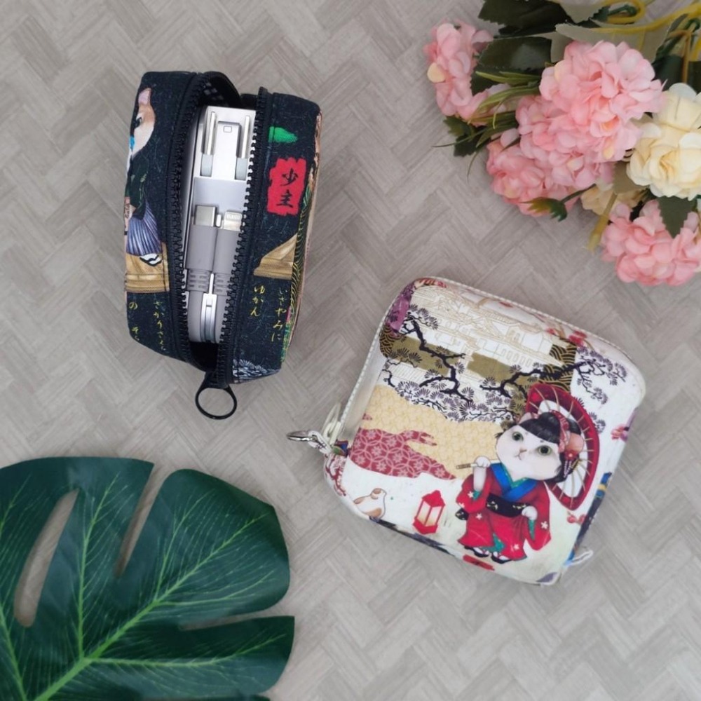 日系 江戶武士貓 方形拉鍊收納包 可拆式手腕帶 手作小物包 行動電源包-細節圖5