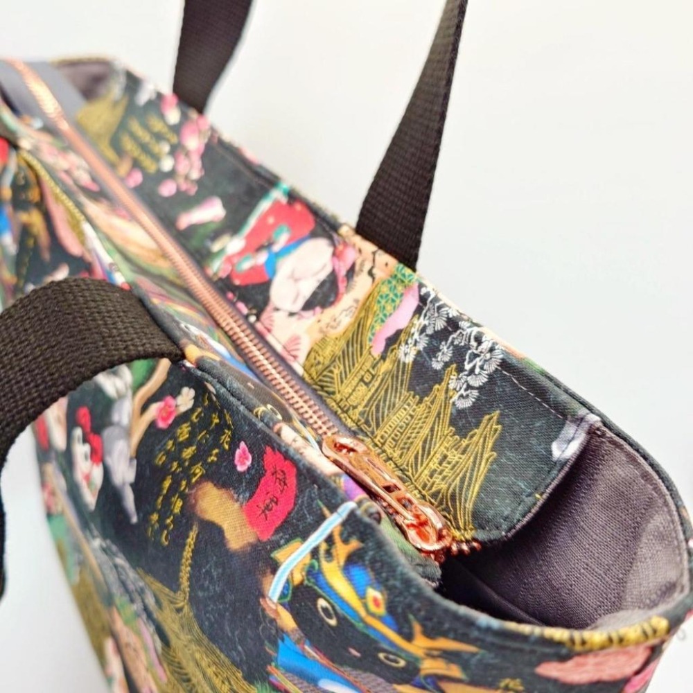 黑 江戶武士貓 大容量 手提包 肩背包 托特包 手挽包 購物袋-細節圖2