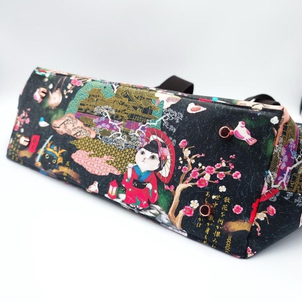 黑 江戶武士貓 大容量 手提包 肩背包 托特包 手挽包 購物袋-細節圖4