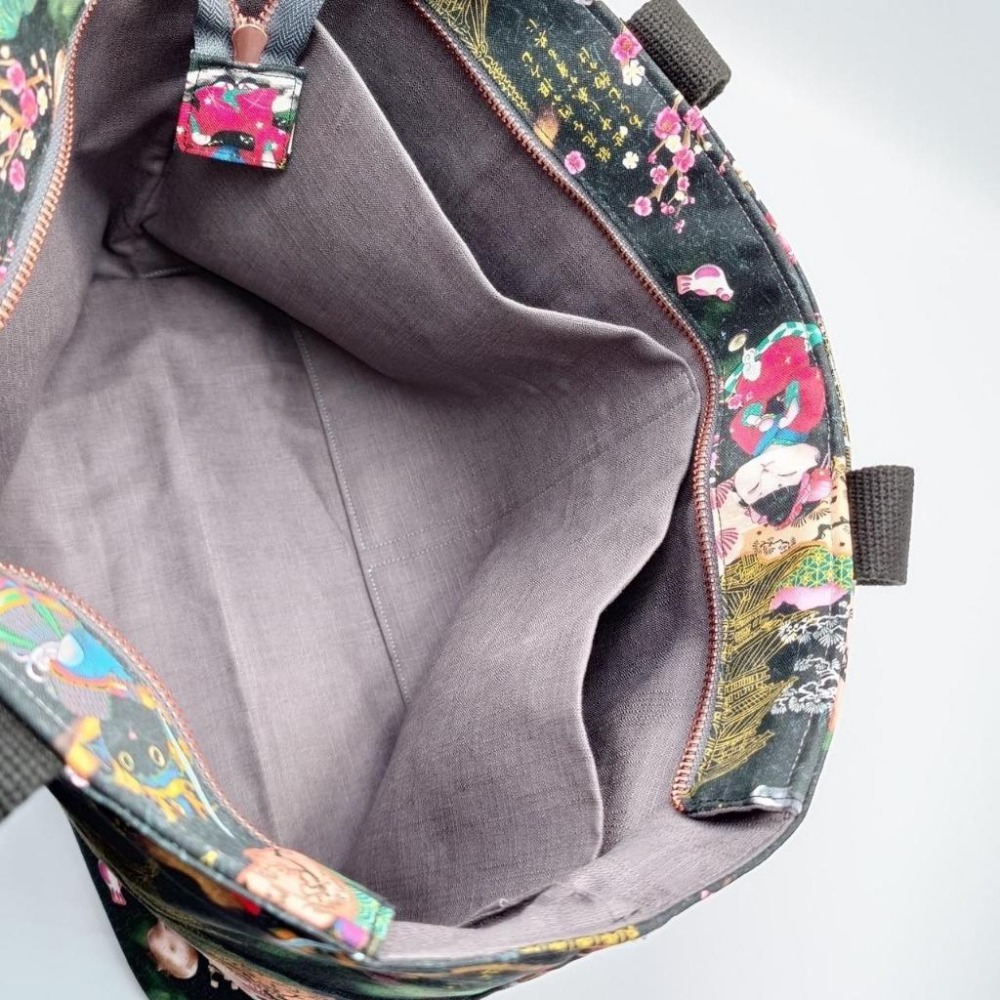 黑 江戶武士貓 大容量 手提包 肩背包 托特包 手挽包 購物袋-細節圖5