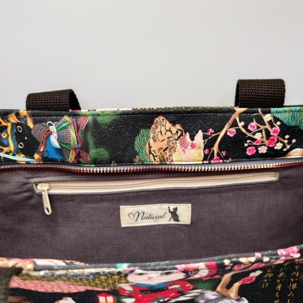 黑 江戶武士貓 大容量 手提包 肩背包 托特包 手挽包 購物袋-細節圖6