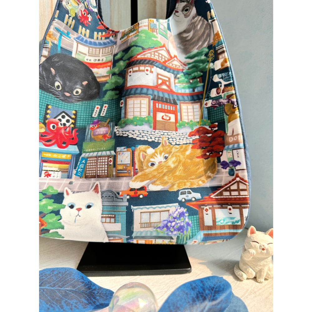 手繪大貓咪 簡約風拼接手提包 手拿包 輕便包-細節圖3