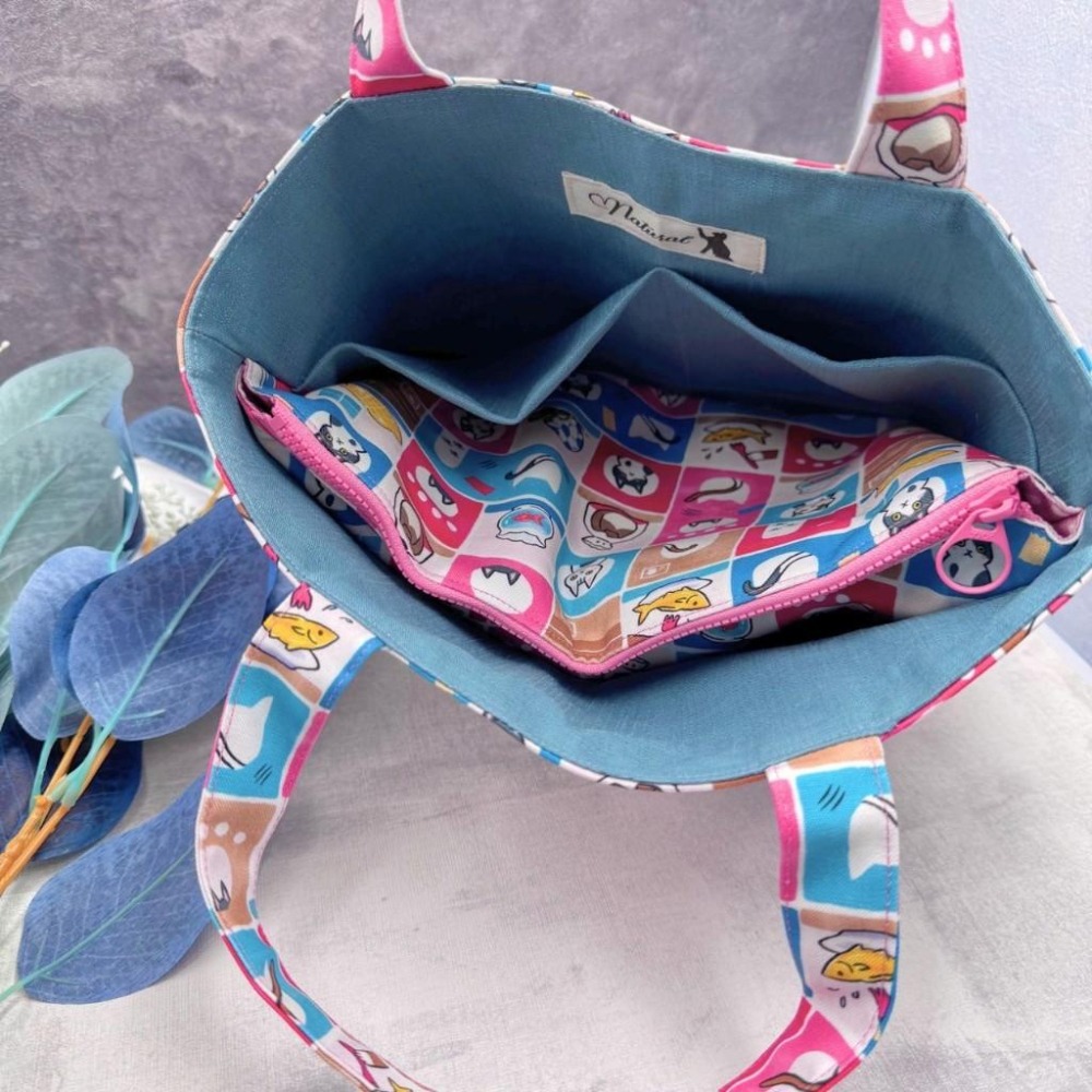 格子小貓 雙層手提拉鍊包 內袋收納 手作布包 上班外出輕便包-細節圖3