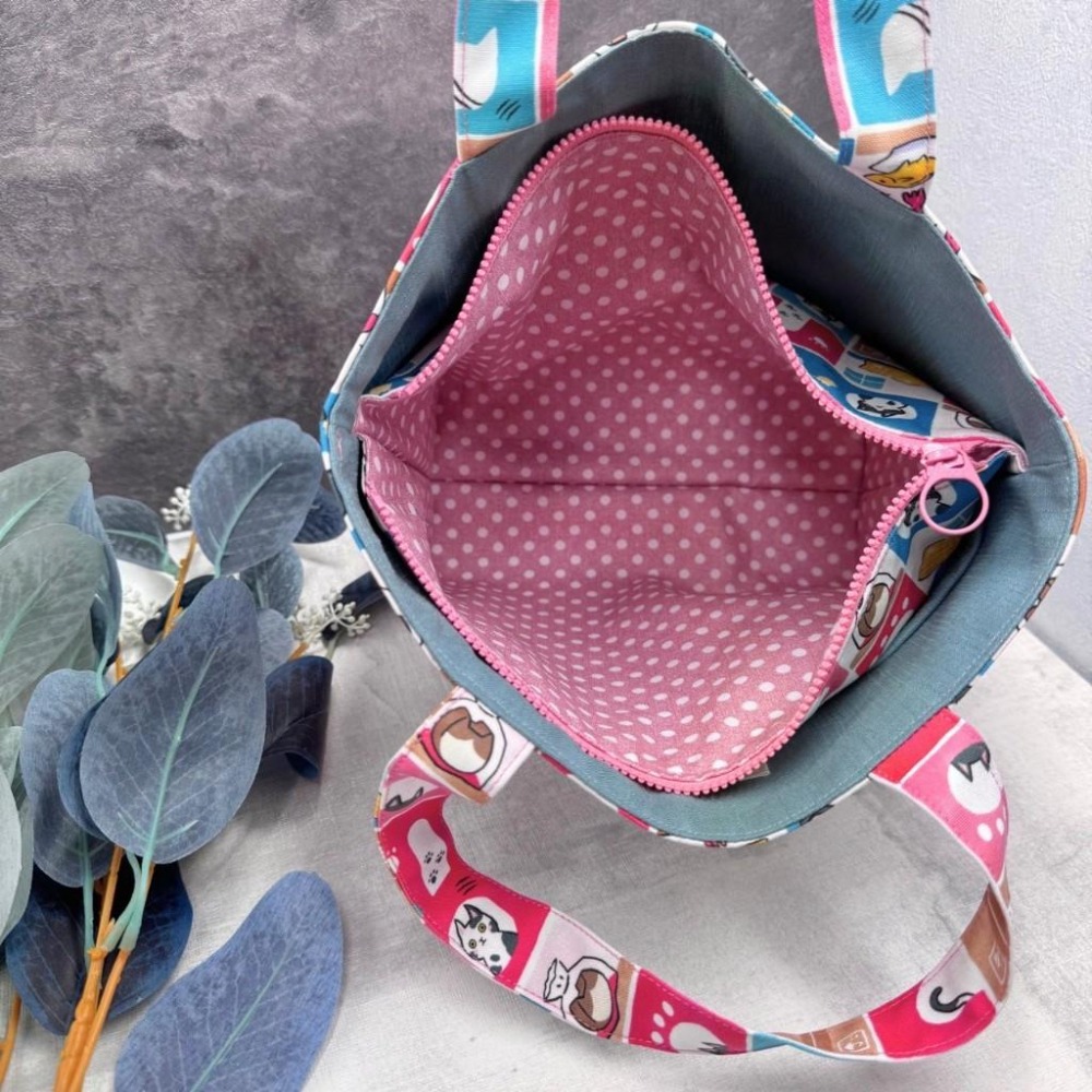 格子小貓 雙層手提拉鍊包 內袋收納 手作布包 上班外出輕便包-細節圖4