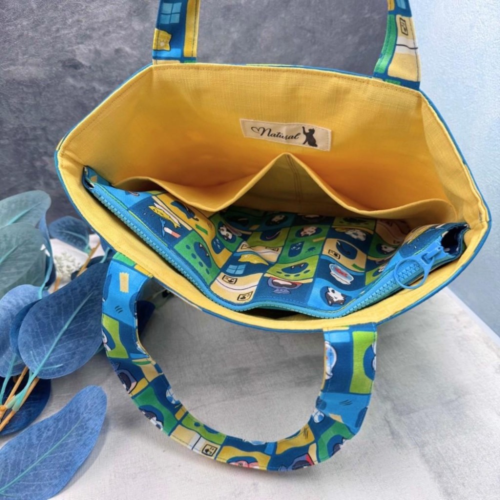 格子小貓 雙層手提拉鍊包 內袋收納 手作布包 上班外出輕便包-細節圖5