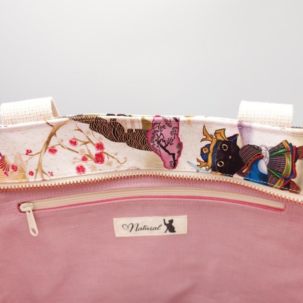 白 江戶武士貓 大容量 手提包 肩背包 托特包 手挽包 購物袋-細節圖5