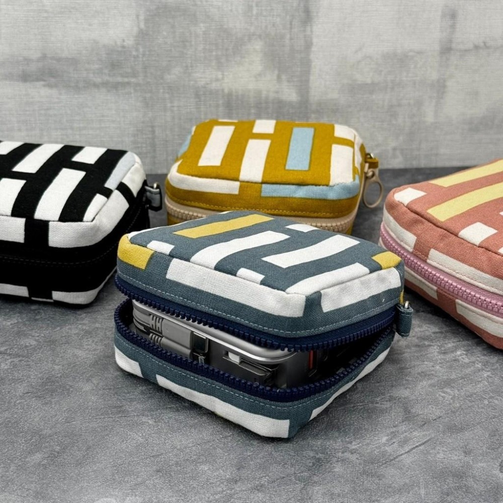 簡約條紋 方形拉鍊收納包 可拆式手腕帶 手作小物包 行動電源包-細節圖2