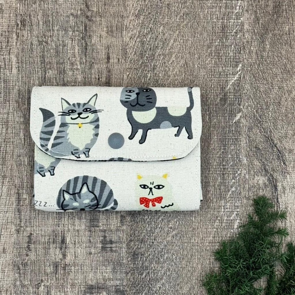 【台灣手作】灰色可愛貓咪 棉麻混紡手作三層零錢包 畢業送禮-細節圖2