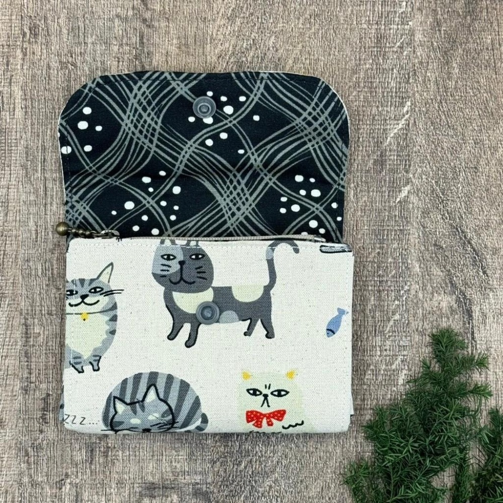 【台灣手作】灰色可愛貓咪 棉麻混紡手作三層零錢包 畢業送禮-細節圖3