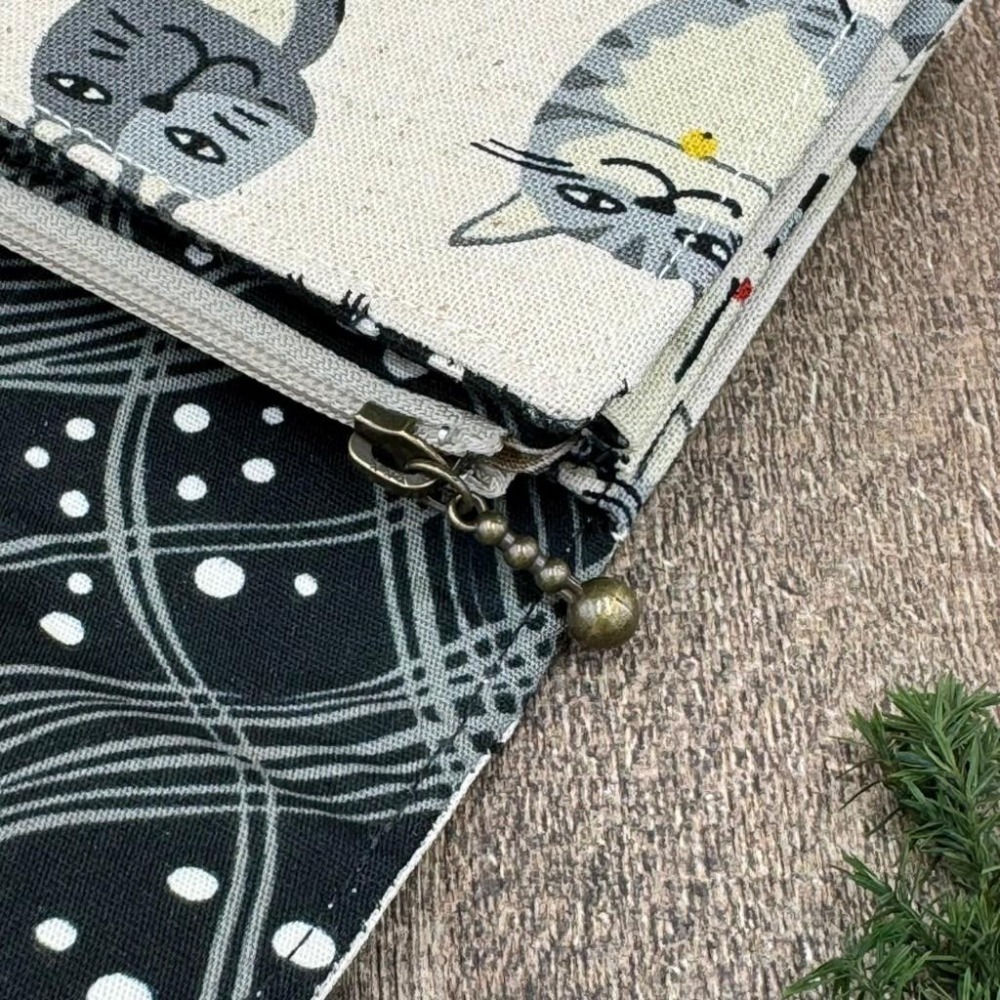 【台灣手作】灰色可愛貓咪 棉麻混紡手作三層零錢包 畢業送禮-細節圖5