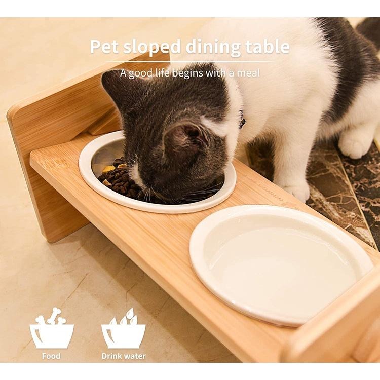 👉艾希特之心👈 貓碗 寵物碗 雙口碗 寵物餐桌  實木斜面W型可調節貓碗架 木架雙碗 寵物餐桌 寵物貓餐碗-細節圖5