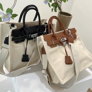 WDF.CO現貨│獨家訂製款│愛馬仕風 │兩色真皮帆布大包｜單肩包｜斜背包｜硬挺｜手提包｜送絲巾｜柏金包｜牛皮｜簡約-細節圖2