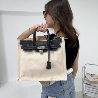 WDF.CO現貨│獨家訂製款│愛馬仕風 │兩色真皮帆布大包｜單肩包｜斜背包｜硬挺｜手提包｜送絲巾｜柏金包｜牛皮｜簡約-細節圖7