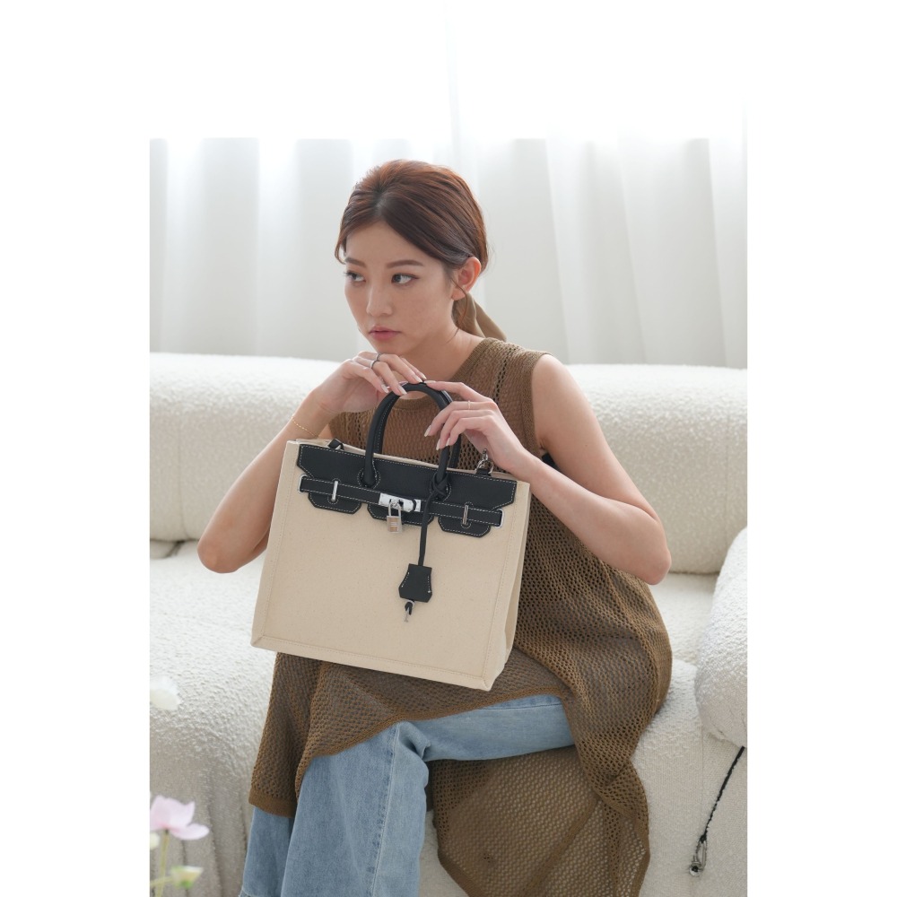 WDF.CO現貨│獨家訂製款│愛馬仕風 │兩色真皮帆布大包｜單肩包｜斜背包｜硬挺｜手提包｜送絲巾｜柏金包｜牛皮｜簡約-細節圖11