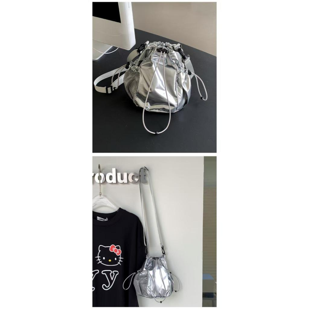 WDF.CO現貨｜2025韓國東大門新款拉繩皺褶水桶包│黑銀綠卡4色尼龍斜跨小包｜斜背包｜大容量｜外出通勤包-細節圖9