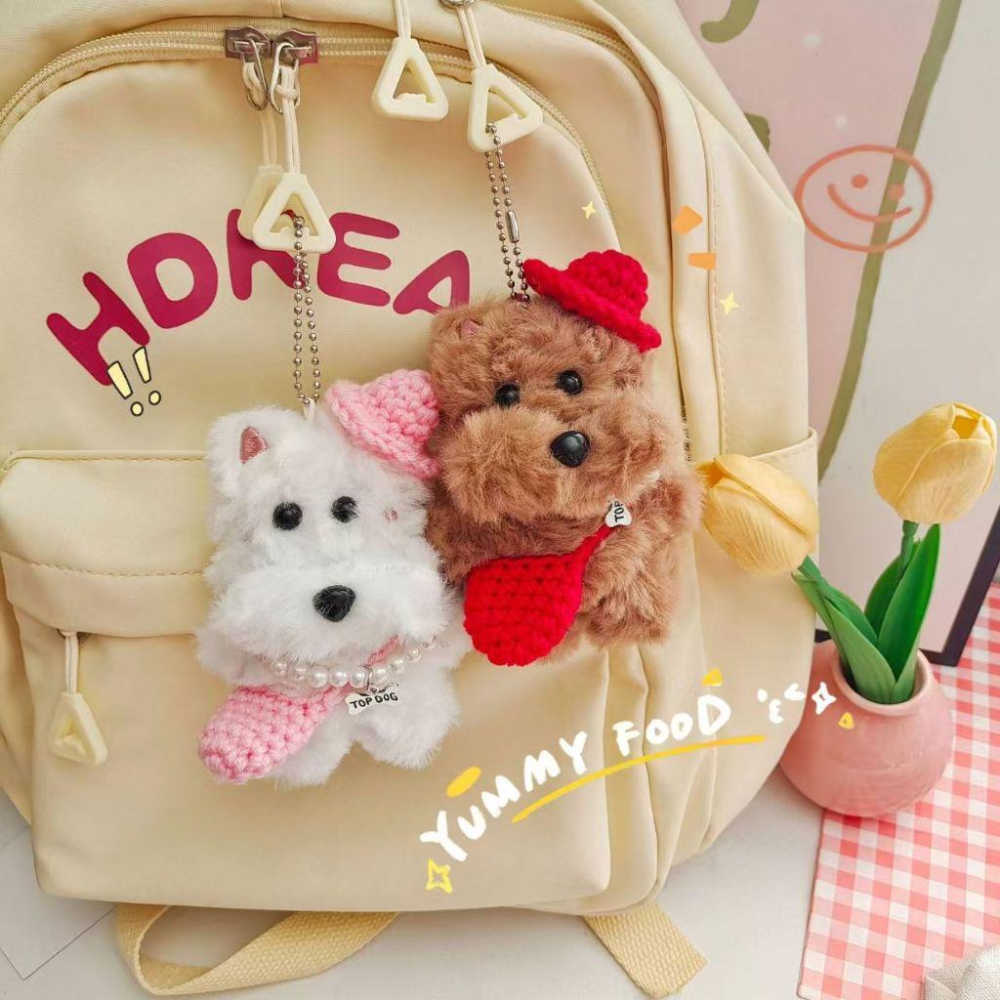WDF.CO現貨｜2025最新韓國西高地小狗吊飾│珍珠小狗掛件│附珠鍊│咖白2色毛絨狗│汽車鑰匙扣│包包吊飾｜鑰匙圈配件-細節圖3