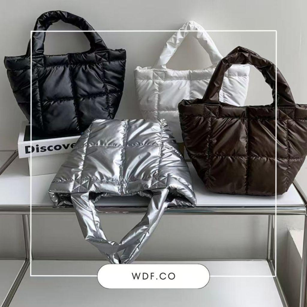 WDF.CO現貨｜2024韓國4色空氣托特包│黑白銀咖｜防潑水｜方格泡泡｜輕量包｜有磁鈕｜手提包｜大容量｜羽絨包｜通勤包-細節圖2