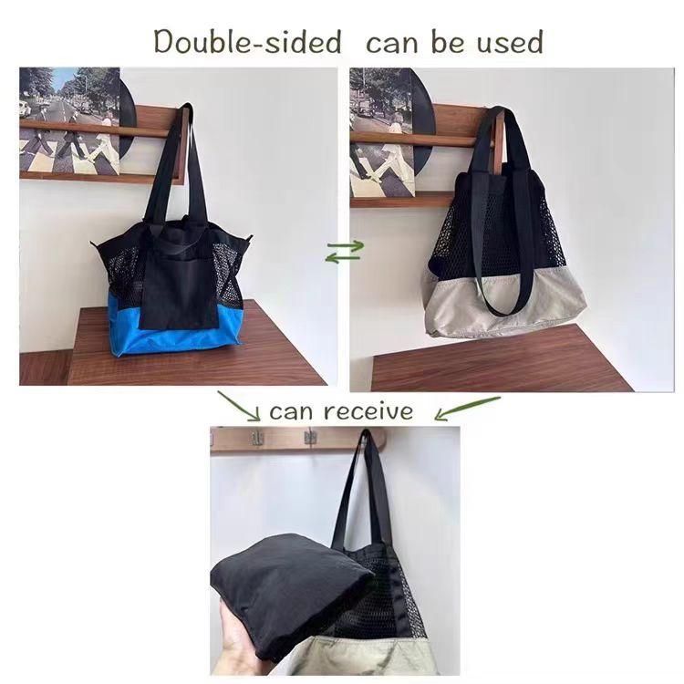 WDF.CO現貨｜2024韓國新款網格收納袋 │黑粉橘卡藍5色拼貼沙灘包│收納購物袋│有磁鈕│大容量｜單肩包｜通勤外出包-細節圖8