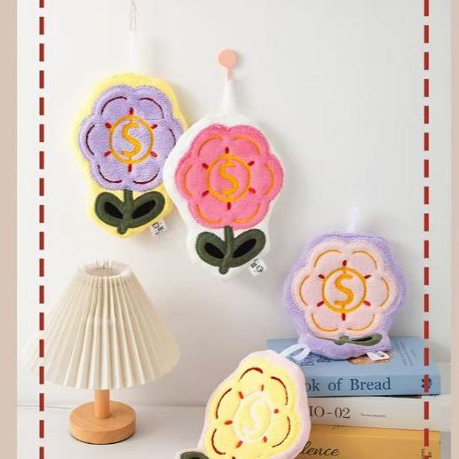 WDF.CO現貨｜2025新款珊瑚絨可愛擦手巾│紅黃紫3色有錢花加厚吸水巾｜刺繡花朵美金｜可掛式擦手帕｜吸水力強｜抹布-細節圖4