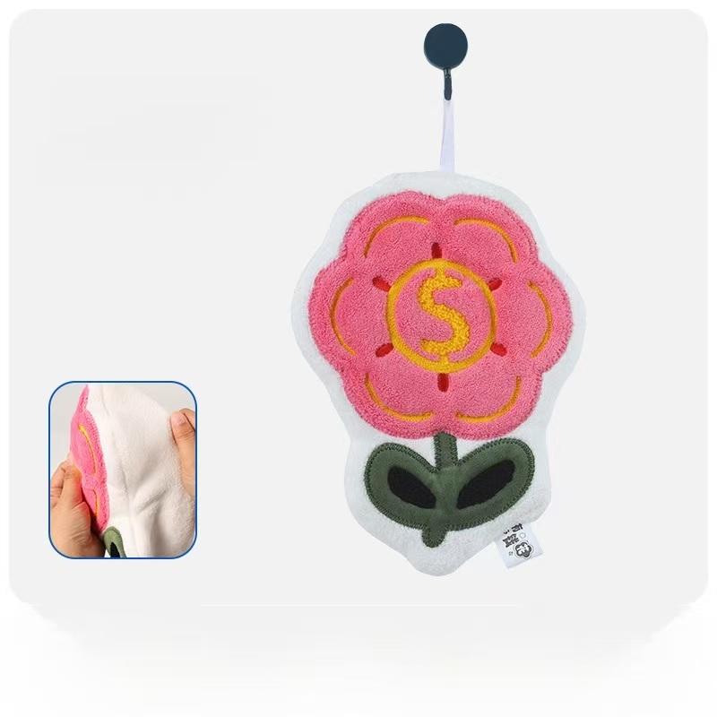 WDF.CO現貨｜2025新款珊瑚絨可愛擦手巾│紅黃紫3色有錢花加厚吸水巾｜刺繡花朵美金｜可掛式擦手帕｜吸水力強｜抹布-細節圖8