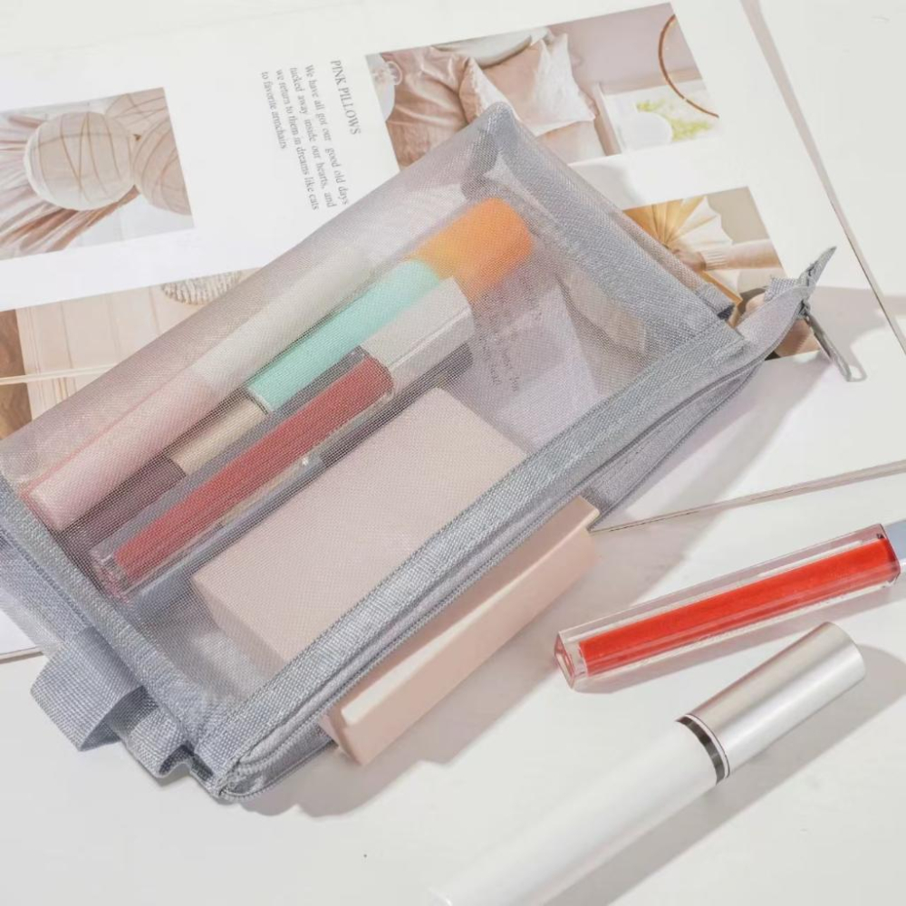 WDF.CO現貨│2025無印風鉛筆盒｜尼龍網眼筆袋｜網紗化妝袋｜黑灰2色透明文具袋｜有拉鍊｜文具收納袋｜雜物收納包-細節圖9