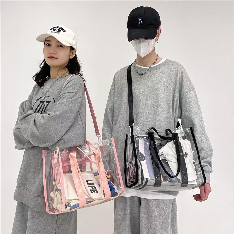 WDF.CO現貨｜2025新款歐美透明PVC果凍托特包│橘粉黑3色防水沙灘包│斜背包│外出小包│收納包│容量大-細節圖3