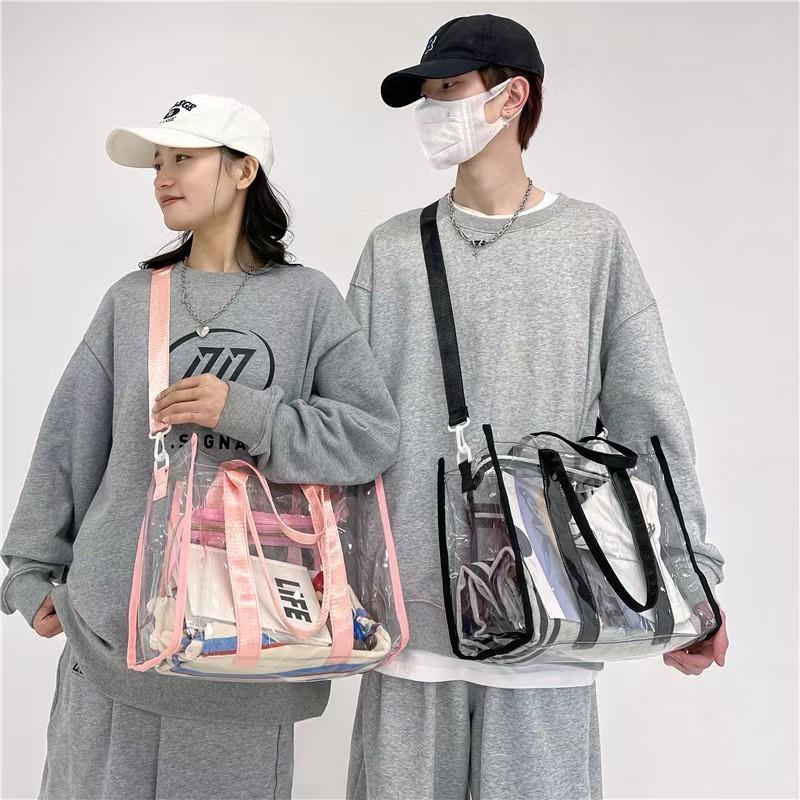 WDF.CO現貨｜2025新款歐美透明PVC果凍托特包│橘粉黑3色防水沙灘包│斜背包│外出小包│收納包│容量大-細節圖4