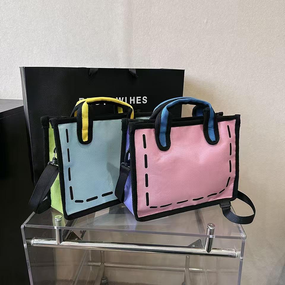 WDF.CO現貨│2024日韓4色卡通立體斜背托特包│中款│黃灰藍粉│動漫包│斜背包│2D│托特包│二次元│學生外出包-細節圖3