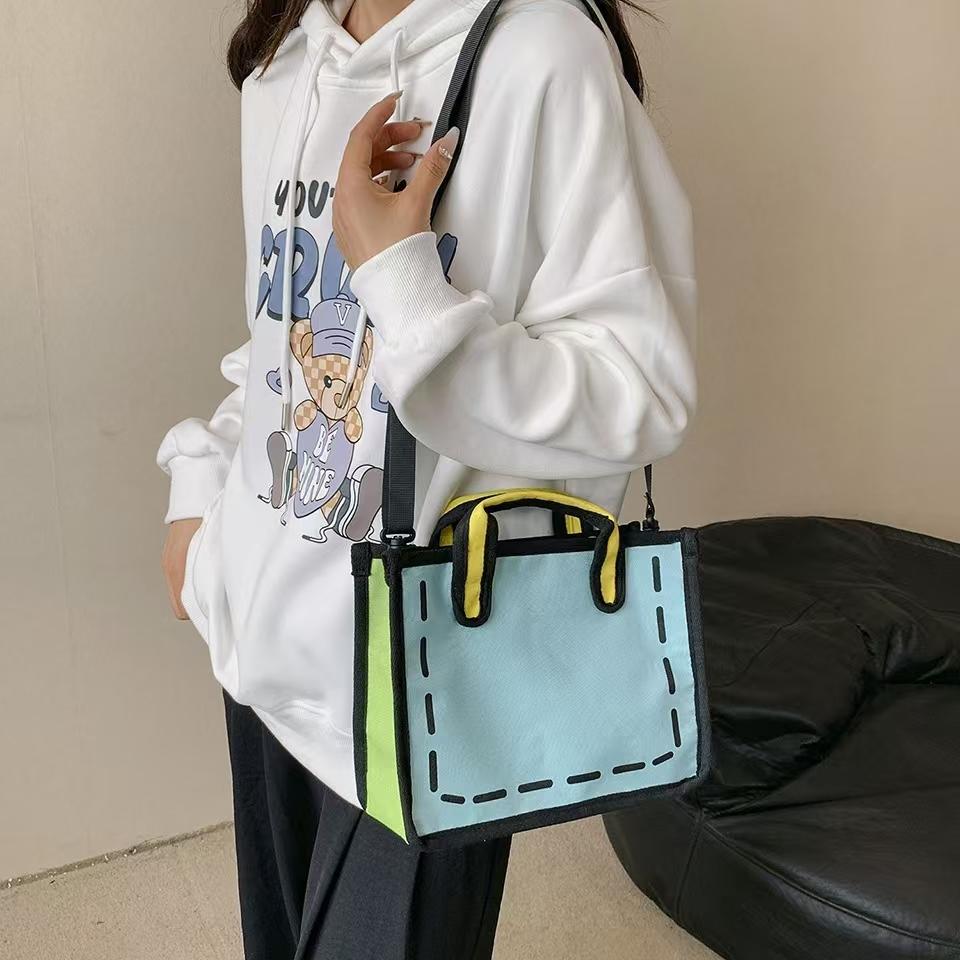 WDF.CO現貨│2024日韓4色卡通立體斜背托特包│中款│黃灰藍粉│動漫包│斜背包│2D│托特包│二次元│學生外出包-細節圖4