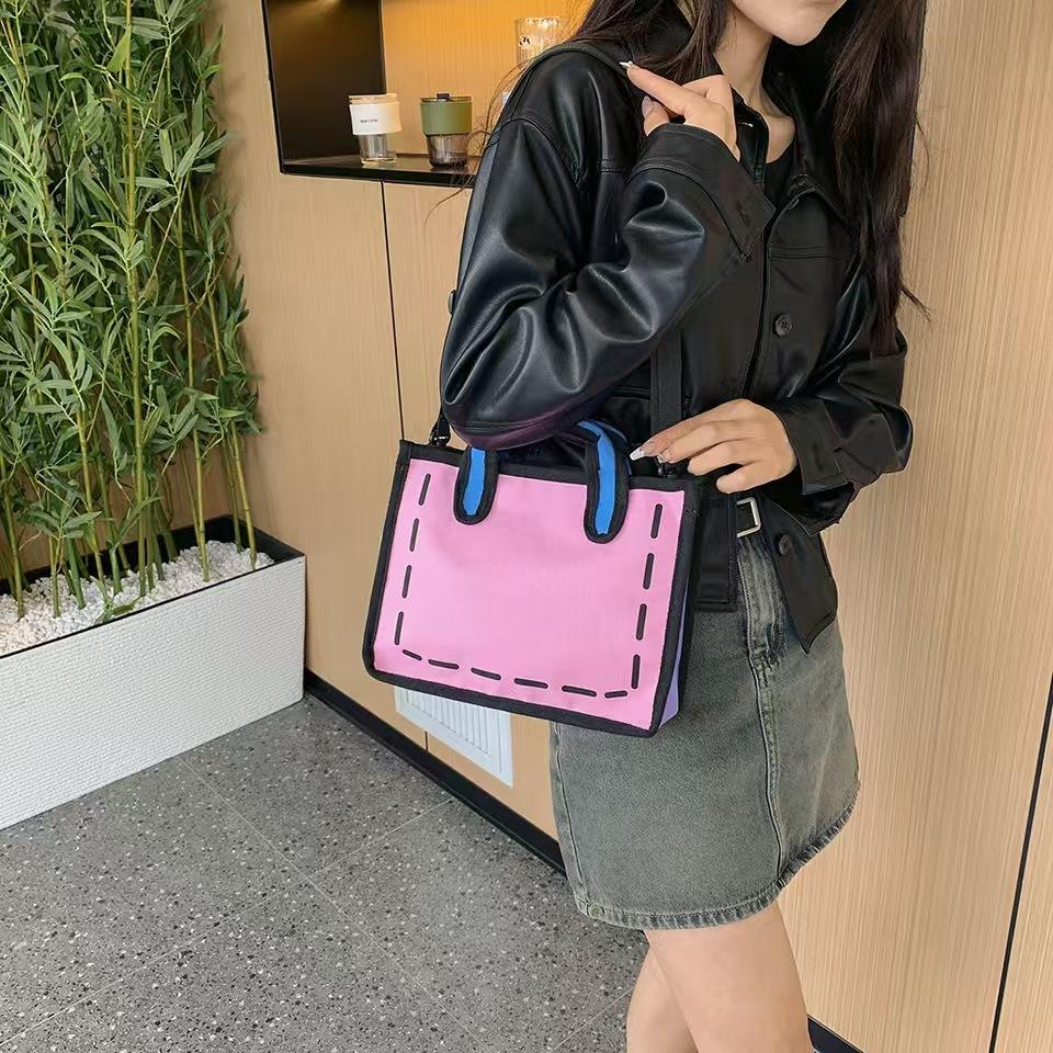 WDF.CO現貨│2024日韓4色卡通立體斜背托特包│中款│黃灰藍粉│動漫包│斜背包│2D│托特包│二次元│學生外出包-細節圖5