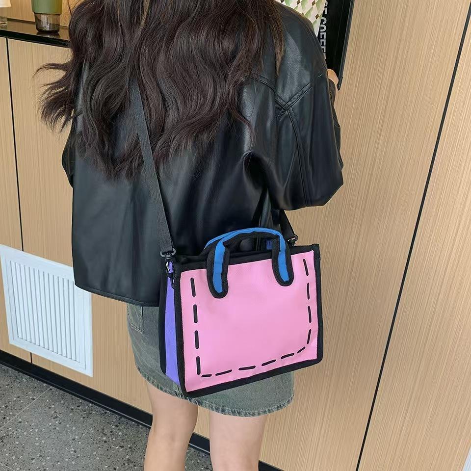 WDF.CO現貨│2024日韓4色卡通立體斜背托特包│中款│黃灰藍粉│動漫包│斜背包│2D│托特包│二次元│學生外出包-細節圖7