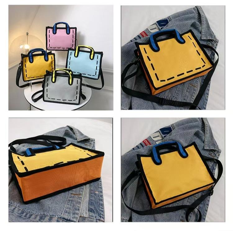 WDF.CO現貨│2024日韓4色卡通立體斜背托特包│中款│黃灰藍粉│動漫包│斜背包│2D│托特包│二次元│學生外出包-細節圖9