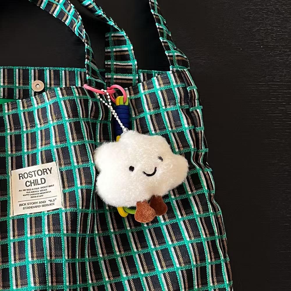 WDF.CO現貨│2025韓國東大門純棉藍綠格紋購物袋│附贈雲朵吊飾掛件│雪尼爾提花色│單肩包｜容量大｜有磁紐｜外出包-細節圖5