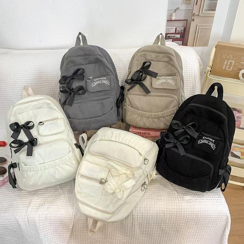 WDF.CO現貨│2025韓國東大門新款蝴蝶結燈芯絨後背包│黑灰白卡4色多口袋大容量雙肩包│有拉鍊│上課雙肩包│旅遊通勤-細節圖2