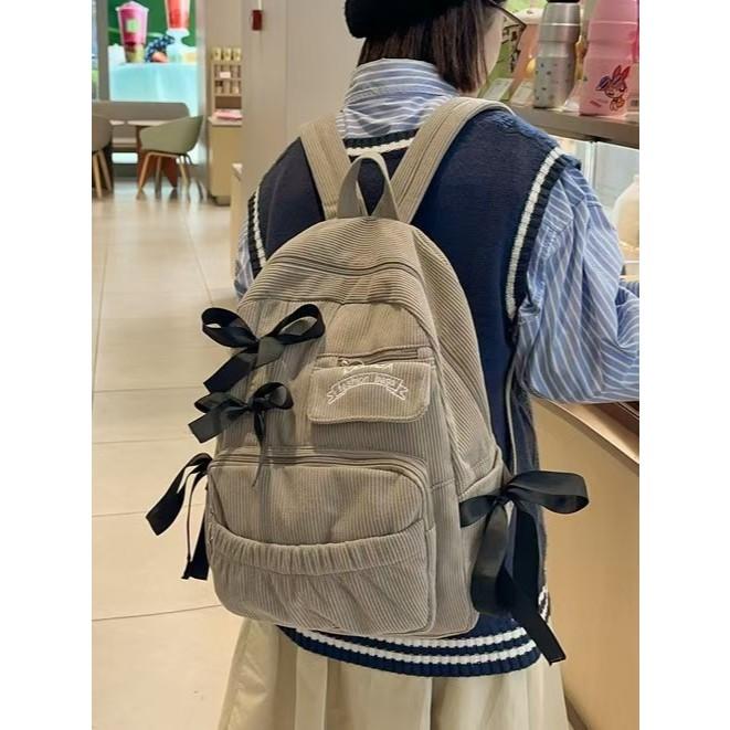 WDF.CO現貨│2025韓國東大門新款蝴蝶結燈芯絨後背包│黑灰白卡4色多口袋大容量雙肩包│有拉鍊│上課雙肩包│旅遊通勤-細節圖3