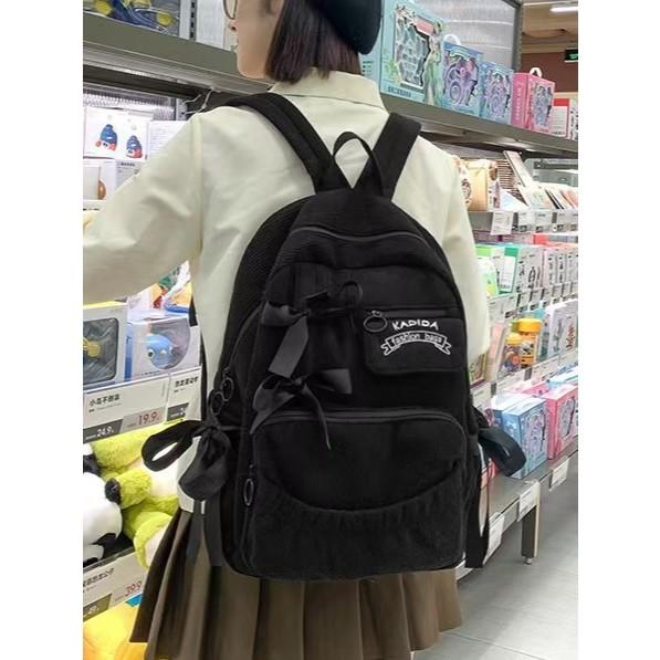 WDF.CO現貨│2025韓國東大門新款蝴蝶結燈芯絨後背包│黑灰白卡4色多口袋大容量雙肩包│有拉鍊│上課雙肩包│旅遊通勤-細節圖4