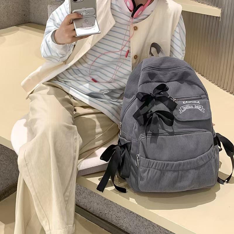 WDF.CO現貨│2025韓國東大門新款蝴蝶結燈芯絨後背包│黑灰白卡4色多口袋大容量雙肩包│有拉鍊│上課雙肩包│旅遊通勤-細節圖5