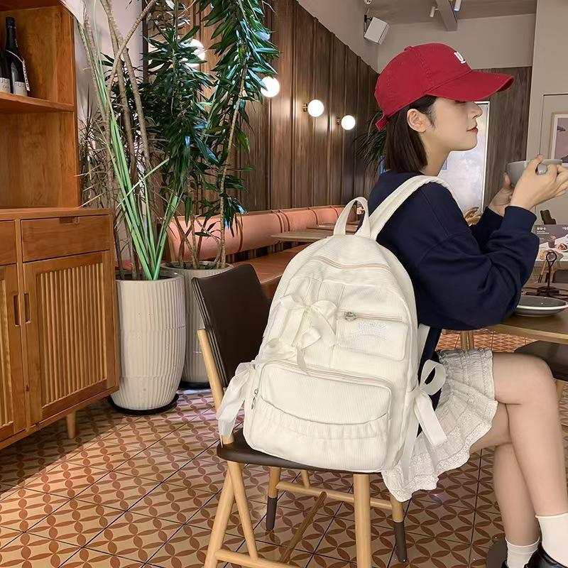 WDF.CO現貨│2025韓國東大門新款蝴蝶結燈芯絨後背包│黑灰白卡4色多口袋大容量雙肩包│有拉鍊│上課雙肩包│旅遊通勤-細節圖6