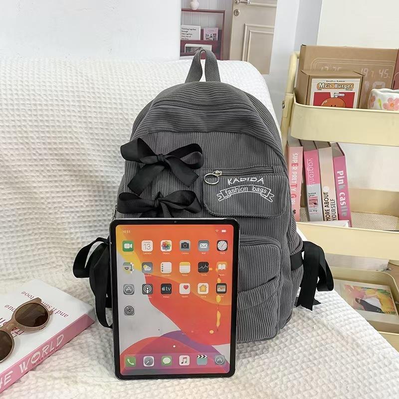 WDF.CO現貨│2025韓國東大門新款蝴蝶結燈芯絨後背包│黑灰白卡4色多口袋大容量雙肩包│有拉鍊│上課雙肩包│旅遊通勤-細節圖8