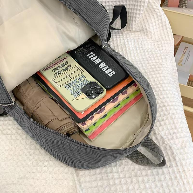 WDF.CO現貨│2025韓國東大門新款蝴蝶結燈芯絨後背包│黑灰白卡4色多口袋大容量雙肩包│有拉鍊│上課雙肩包│旅遊通勤-細節圖9