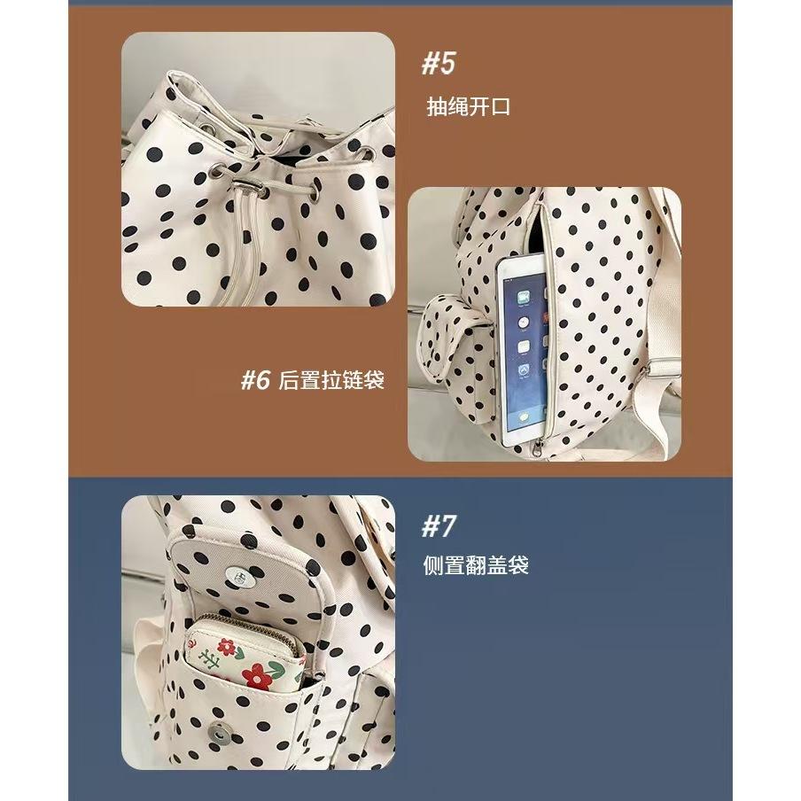 WDF.CO現貨│2025韓國新款小圓點尼龍後背包│黑灰白3色大容量雙肩包│有索繩卡扣│上課雙肩包│旅遊通勤用-細節圖8