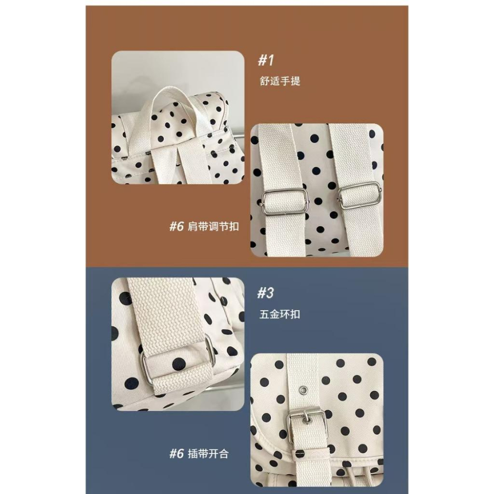 WDF.CO現貨│2025韓國新款小圓點尼龍後背包│黑灰白3色大容量雙肩包│有索繩卡扣│上課雙肩包│旅遊通勤用-細節圖9