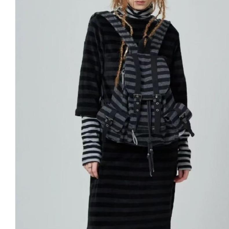 WDF.CO現貨│2025韓國東大門新款橫條雙肩包│黑卡2色大容量帆布雙肩包│格紋雙肩包│旅遊j外出通勤用-細節圖4