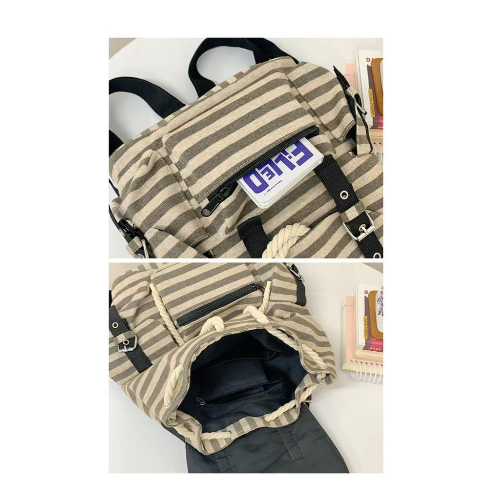 WDF.CO現貨│2025韓國東大門新款橫條雙肩包│黑卡2色大容量帆布雙肩包│格紋雙肩包│旅遊j外出通勤用-細節圖6